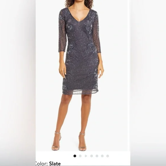 Pisarro Nights V-Neck Floral Beaded 34 Sleeve Dress, Womens, 6, Slate